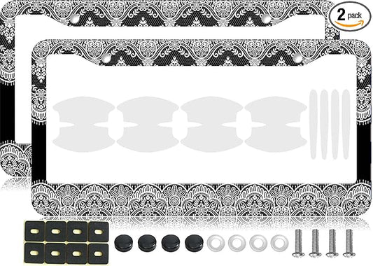 2PCS Black & White Lace Pattern License Plate Frames for Men Women - Universal Aluminum Stainless Steel Personalized Car Tag Covers Holder with Screws, Caps, Rattle Proof Pads and Handlebar Stickers
