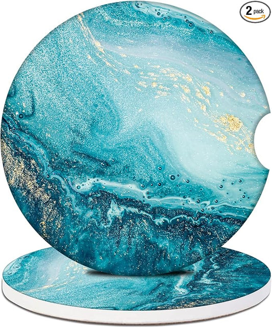 Car Cup Holder Coaster - Blue Sea Marble Absorbent Ceramic Coaster, Car Coasters for Cup Holders, Auto Accessories for Women & Men, Pack of 2