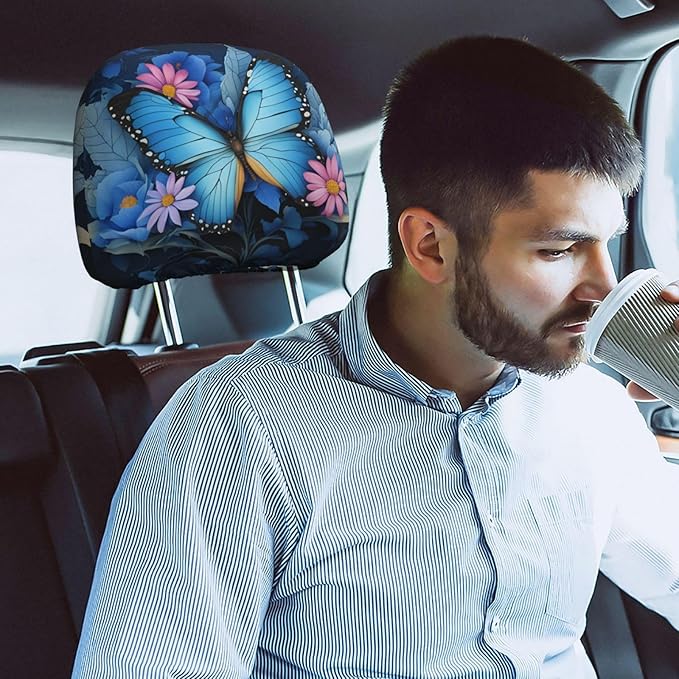 Dujiea 2 Pack Butterfly Flower Car Headrest Covers, Universal Soft Car Seat Head Rest Protector, Vehicle Accessories Fabric Headrest Cover for Cars Vans Trucks