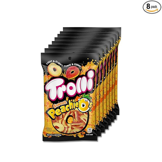 Trolli Peachie O's Rings, Sour Gummy Candy, 6.3 Ounce Bags (Pack of 8)