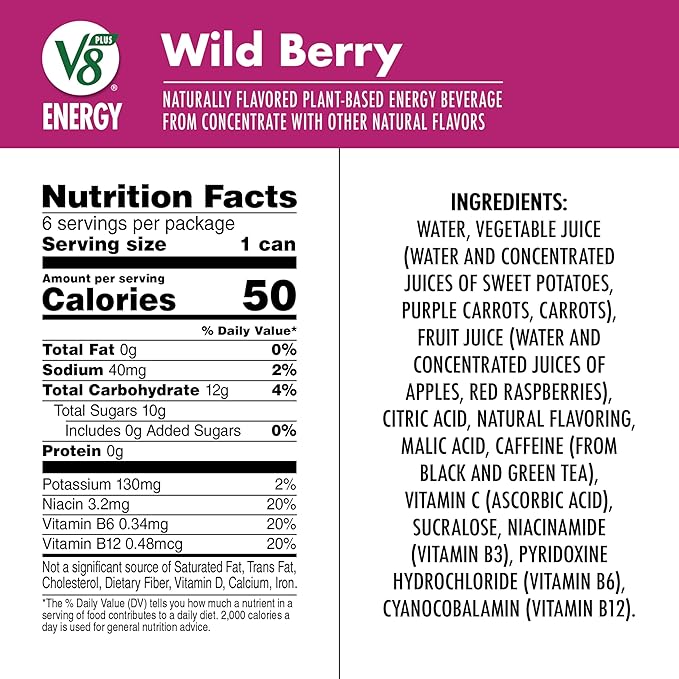 V8 +Energy Wild Berry Juice Energy Drink, 8 fl oz Can (24 Pack)