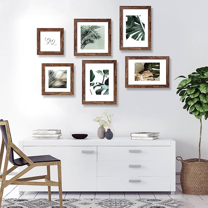 8x8 Picture Frames Set of 4, Made of Glass and Rustic Brown Wooden Frame - Display Picture 6x6 with Mat or 8 x 8 Without Mat, 8 by 8 Photo for Wall or Tabletop