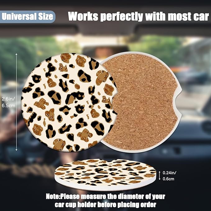 Car Cup Holder Coaster - Leopard Print Absorbent Ceramic Coaster, Car Coasters for Cup Holders, Auto Accessories for Women & Men, Pack of 2