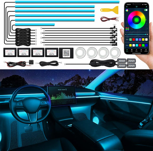 Acrylic Interior Car LED Strip Light with Wireless APP, RGB 22 in 1 with 175 inches 593 LEDs Fiber Optic Ambient Lighting Kits, 16 Million Colors Sound Active Function Car Neon Lights