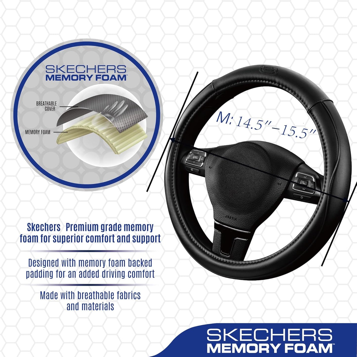 Skechers Memory Foam Steering Wheel Cover,Piping Microfiber Leather Steering Wheel Cover Sporty Universal Fit 14" 1/2-15" Car Wheel Protector for Men Women Fit Suvs,Vans,Sedans,Car,Trucks,Black