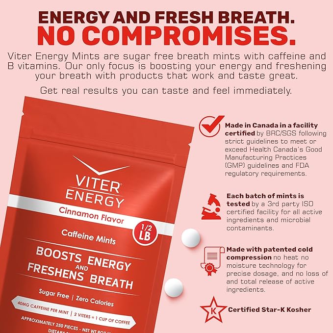 Viter Energy 40mg Caffeine Mints - Sugar Free, B Vitamins, Vegan, Boosts Fast Energized Alert Focus, Caffeinated Nootropic Supplement Pills (Cinnamon Flavor, 8oz, Bulk Bag)