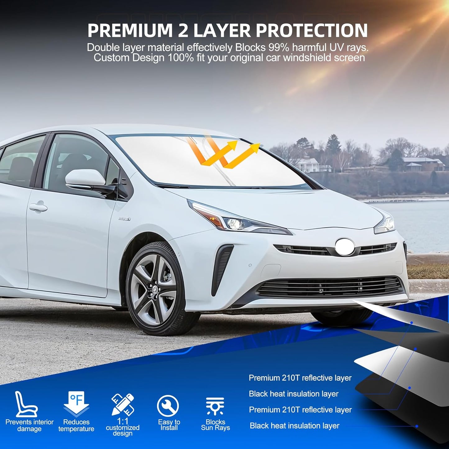 Windshield Sun Shade for Toyo-ta Prius 2016-2022 Foldable Sunshade Custom Fit Front Window Car Interior Accessories Protector Blocks UV Rays (NOT for Prius C or Prius V)