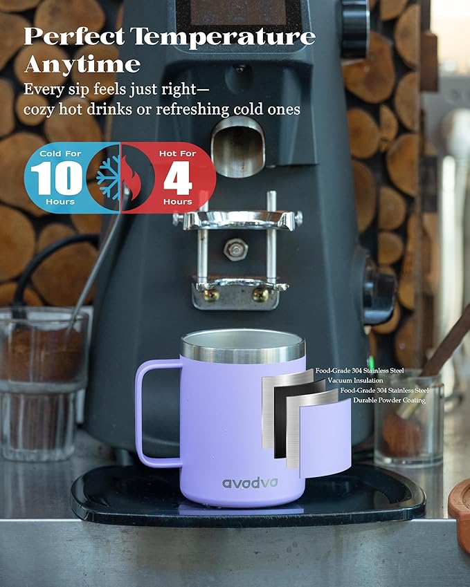12oz Insulated Coffee Mug with Lid – Includes Two Lids, Stainless Steel Coffee Travel Mug with Handle, Double Wall Vacuum Insulated Camping Mug for Home, Office & Outdoor, Periwinkle Purple
