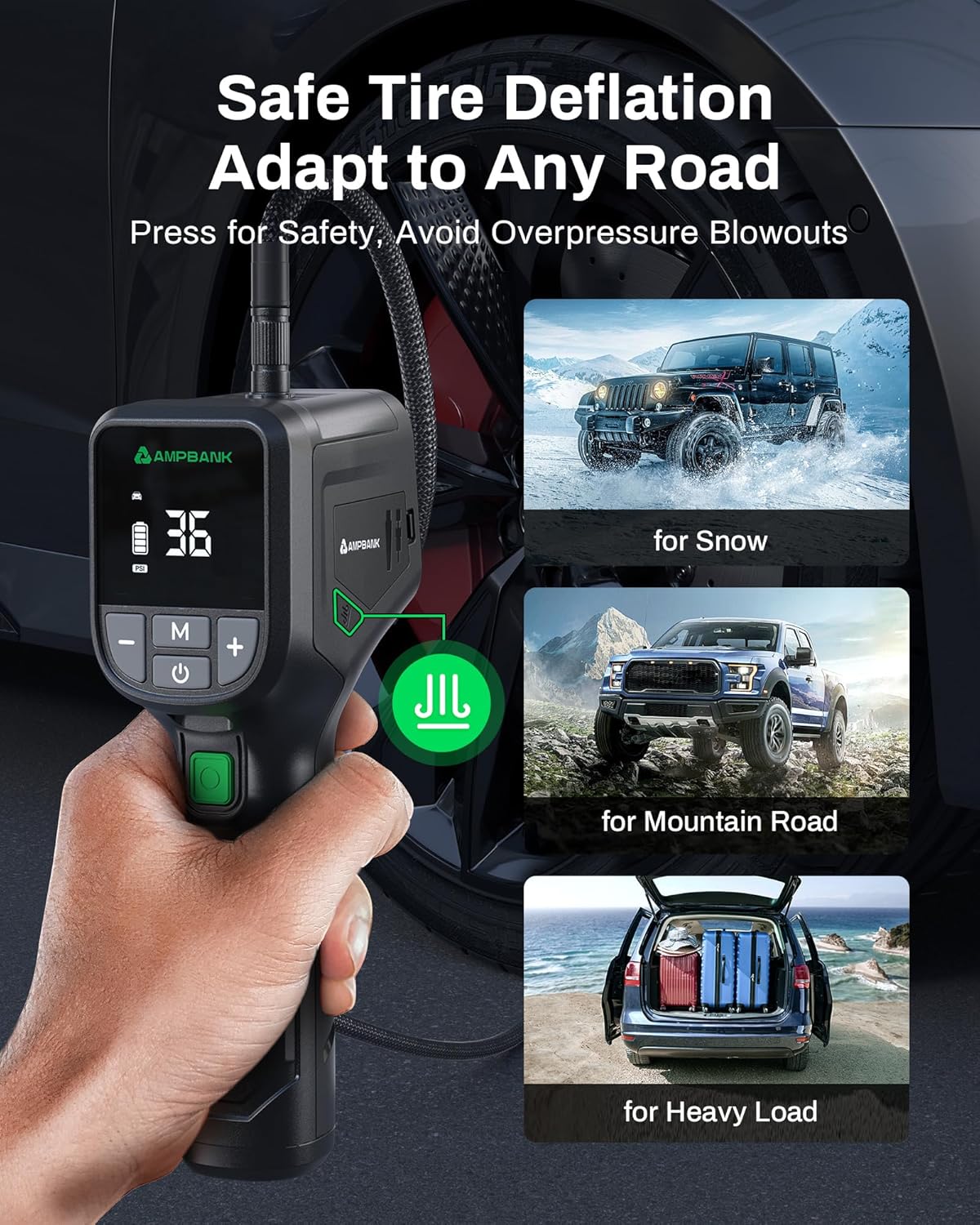 Tire Inflator Portable AMPBANK AT001, Portable Tire Inflator for Car with Pressure Gauge,Auto Air Pump150 PSI, Portable Air Compressor with LED for Car Tires, Motorcycle, SUV, Bicycle, Balls and more