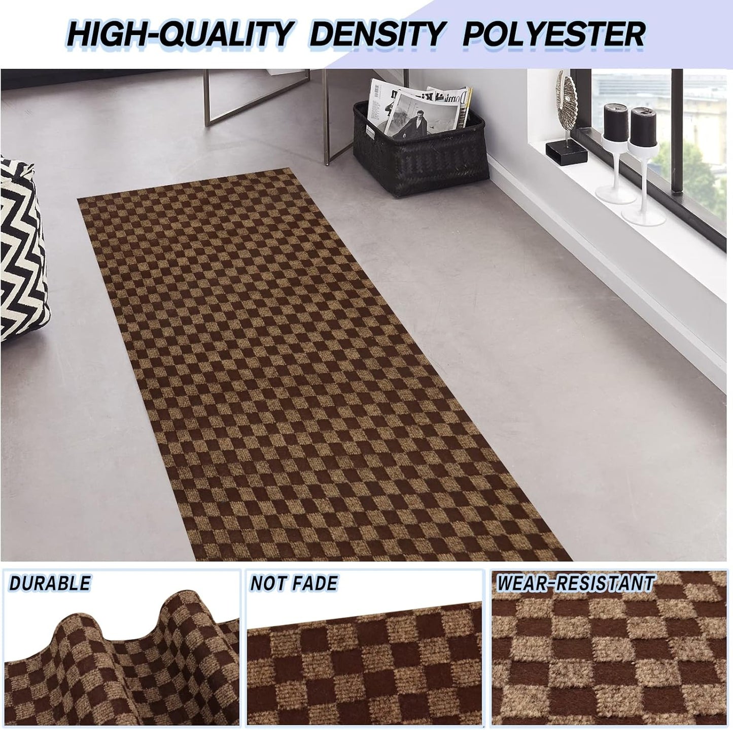Custom Size Backed Non-Slip Area Rugs Runner, Easy Clean, Waterproof Runner Rugs for Hallway Entryway, Kitchen, Laundry, 2FT x 57FT, Brown Checkered