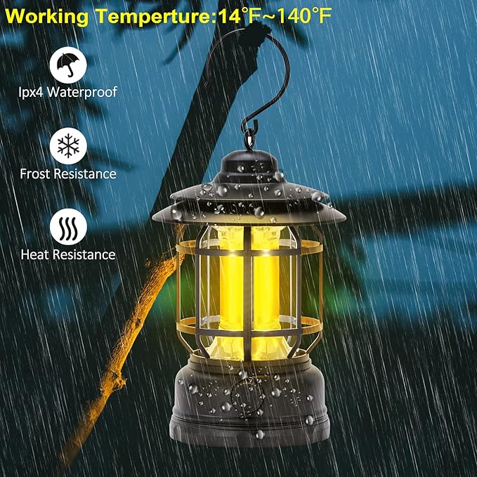 Camping Lanterns Rechargeable, Portable Electric LED Camping Lights Outdoor Hanging Tent Light Vintage Tabletop Lantern Decor Stepless Dimming Waterproof for Camping, Power Outages, Indoor (Black)