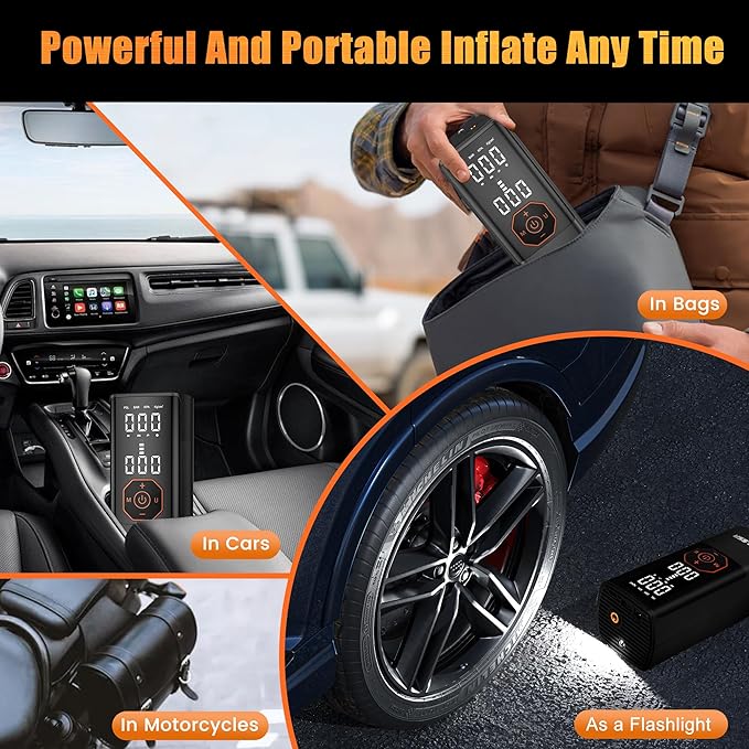 Tire Inflator Portable Air Compressor-Air Pump 150PSI Cordless Electric for Car, Motorcycle, Bike, Ball, with Tire Gauge Pressure, Dual-Use Type (Orange)