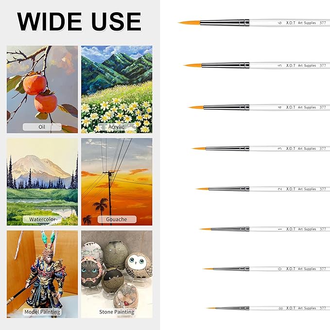 XDT#377 Fine Paint Brushes for Acrylic Painting, Detailing Brush 8 Piece Set for Artists, Small Paint Brushes for Canvas, Watercolor, Oil and Body Painting