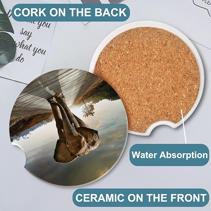 Walking Elephant Car Cup Holder Coaster, Car Coasters for Cup Holder, 2 Pack Natural Animal Landscapes Anti-Slip Absorbent Ceramic Car Cup Coasters for Women Men with Finger Notch Cork Base 2.56"