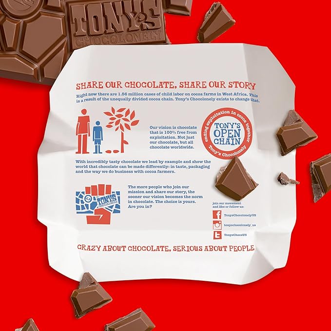 Tony’s Chocolonely Belgian Milk Chocolate Candy Bar, Pure Chocolate Bars for Snacks, Party Favors, Gifts, or Gift Basket, 32% Cacao, Made From Quality Fairtrade Cocoa, 4 Bars, 6.35 Oz Each