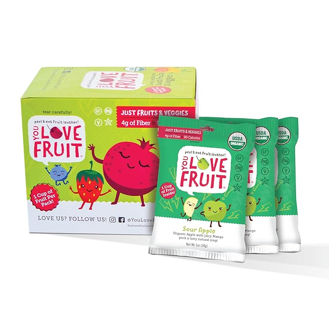 YOU LOVE FRUIT - SOUR APPLE All Natural Fruit Snacks, Healthy Snack Pack, Real Fruit! Gluten Free, Non GMO, Vegan, Fiber packed, Low Fat, Kosher, Variety Pack, Great For Adding To Gift Box, 1.0 oz (Pack of 12)