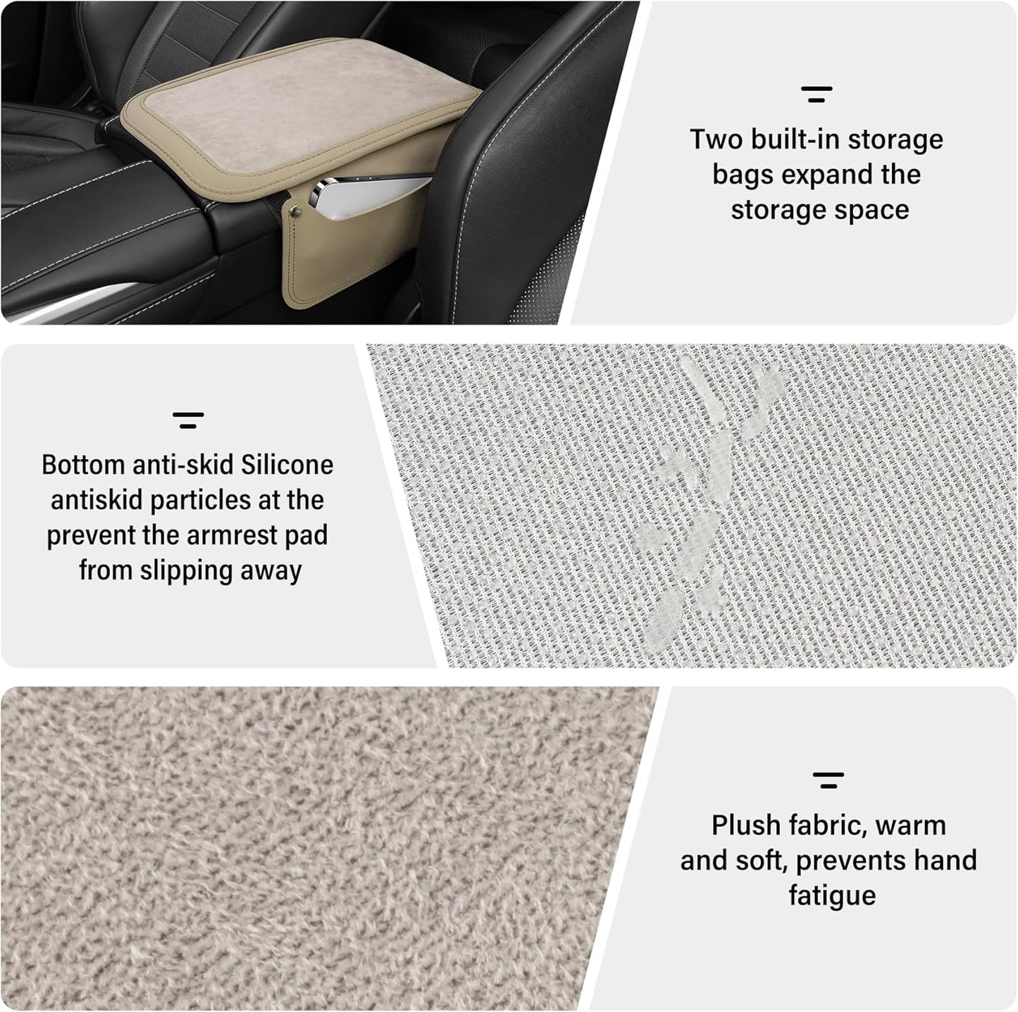 SINGARO Car Leather Center Console Cover with 2 Storage Bags, Universal Furry Fluffy Car Armrest Seat Box Pad, Comfortable Car Interior Accessories, Fits for Most Vehicles (White)