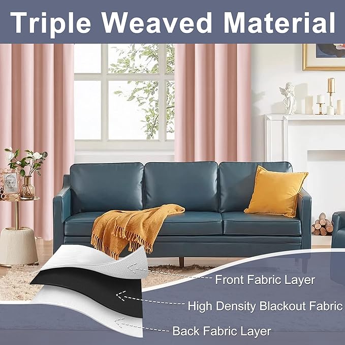 JIUZHEN Pink Blackout Curtains for Gril Room - Thermal Insulated Light Blocking Curtains, Room Darkening Rod Pocket Curtains for Living Room, Set of 2 Panels with Tiebacks, 42 x 63 Inch Length