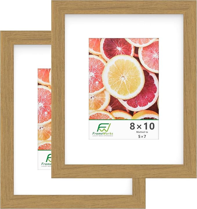FrameWorks 2-Pack, 8x10 Matted to 5x7 Picture Frame, Golden Oak ??Classic Wooden Photo Frame with Tempered Glass, Modern Matte Finish for Prints, Posters, Certificates & Wall Decor ??Gallery-Ready