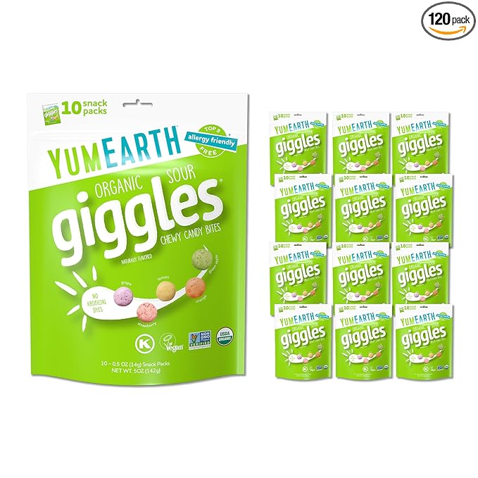 YumEarth Organic Sour Giggles Chewy Candy – Allergy Friendly, No Artificial Dyes, Non GMO, Gluten Free, Sour Fruit Flavored, Vegan Candy Snacks with No Artificial Flavors, 0.5 oz (Pack of 120)