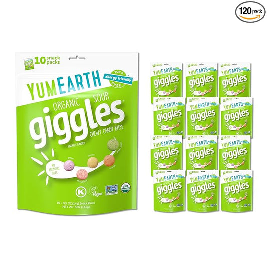 YumEarth Organic Sour Giggles Chewy Candy – Allergy Friendly, No Artificial Dyes, Non GMO, Gluten Free, Sour Fruit Flavored, Vegan Candy Snacks with No Artificial Flavors, 0.5 oz (Pack of 120)