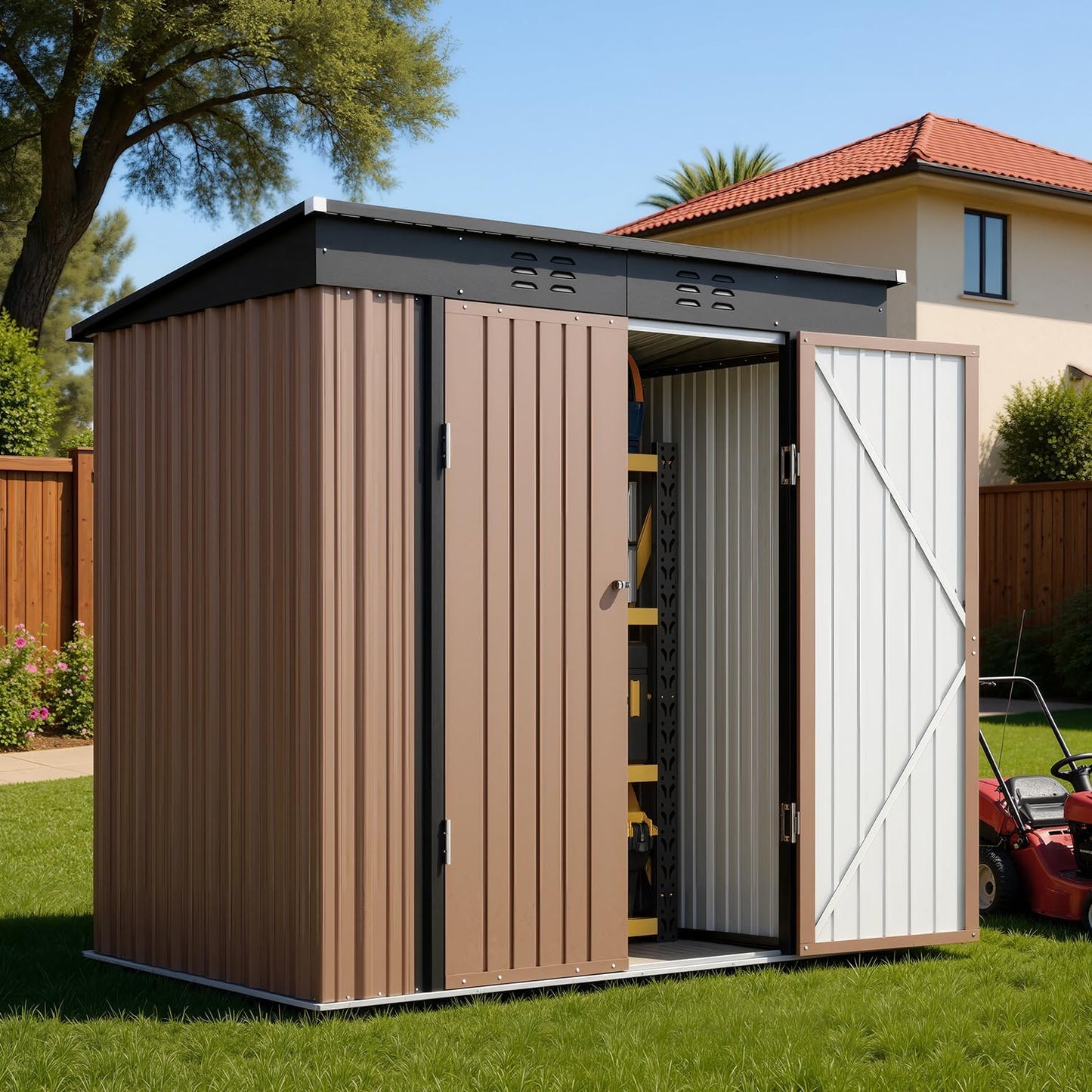 Bealife Outdoor Storage Shed Clearance, Metal Outdoor Storage Cabinet, Waterproof Tool Shed, Lockable Backyard Shed for Garden, Patio and Lawn (Brown, 6' x 4')