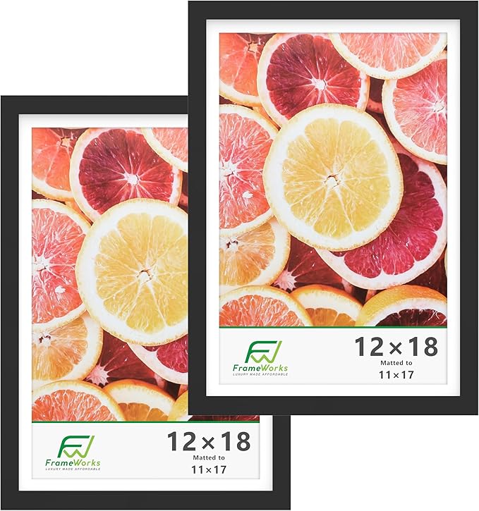 FrameWorks 2-Pack, 12x18 Matted to 11x17 Picture Frame, Black ??Classic Wooden Photo Frame with Tempered Glass, Modern Matte Finish for Prints, Posters, Certificates & Wall Decor ??Gallery-Ready
