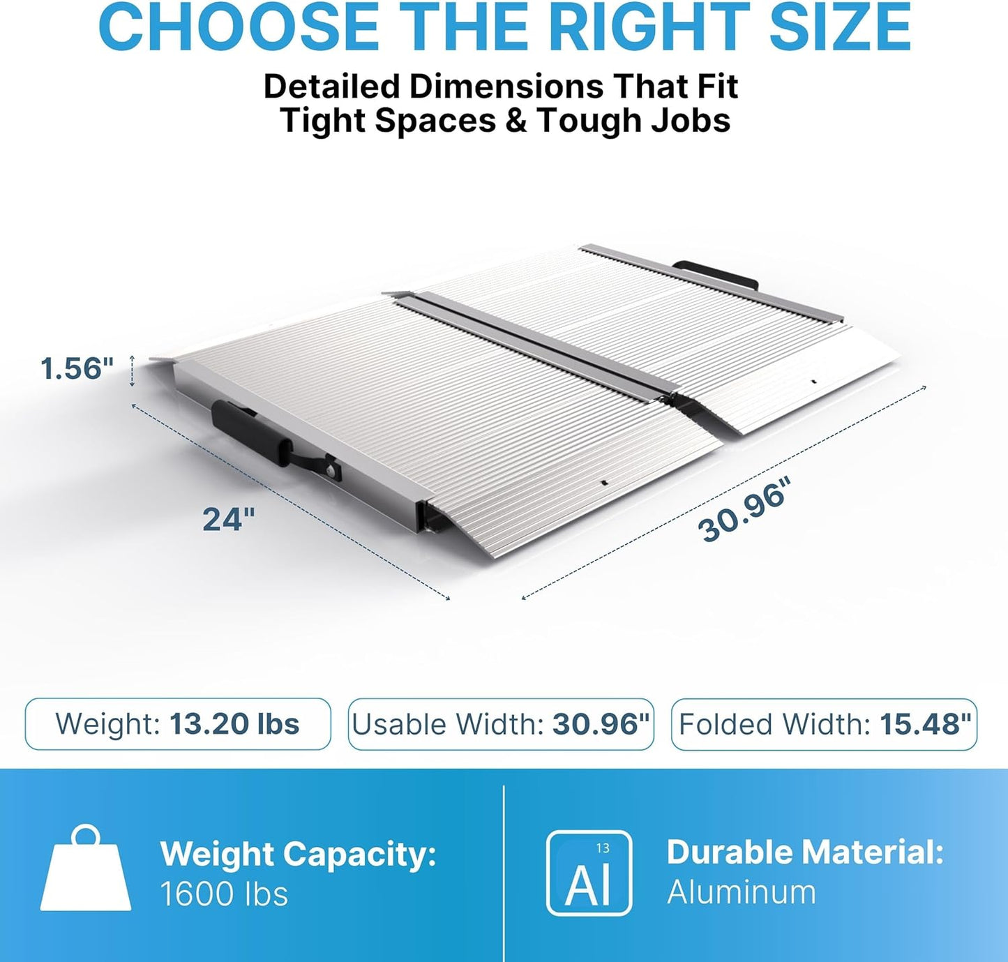 EZ-ACCESS TRAVERSE 2 Foot Durable Aluminum Singlefold Edgeless Curbless Portable Folding Loading Ramp with Carrying Handles, Silver