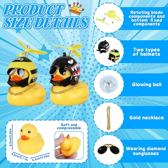 BOZILY 2 Pack Rubber Duck Car Ornaments, Squeeze Duck Bicycle Horns with Propeller Helmet, Bandage and Gold Chain, Funny Dashboard Decor for Car, Bike, Motorcycle