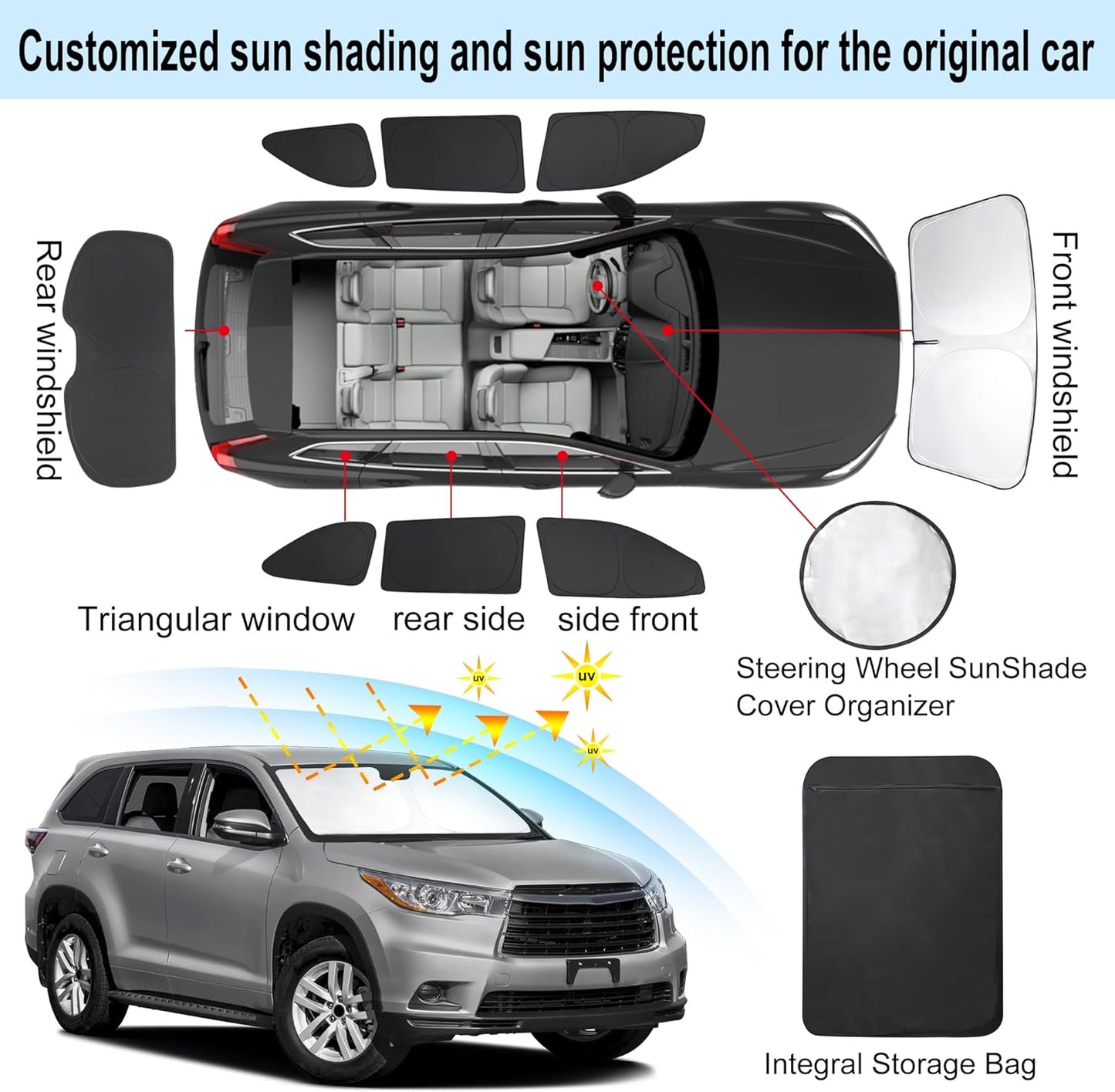 TINGLU Window Shades for Toyota Highlander 2014-2019 Accessories Side Full Windows Cover Camping Rear Triangular Windshield Sun Shade Sun UV Rays Privacy Protection 8PCS