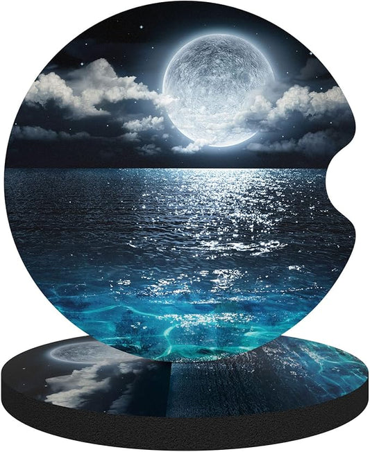 Car Cup Holder Coasters, 2 Pack Universal Auto Anti Slip Insert Coaster with A Finger Notch, Cute Car Assecories for Women Men, Cup Mat for Most Interior, Moon on The Sea