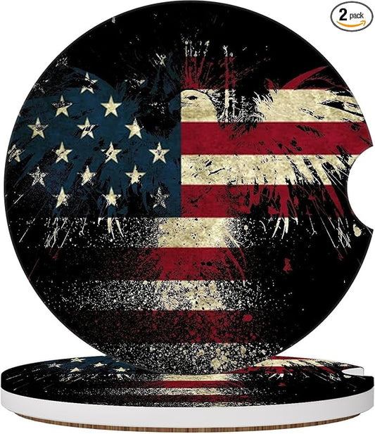 2 Pack Eagle American Flag Car Coasters for Cup Holders, USA Flag Ceramic Car Cup Holder Coaster for Car, Absorbent Car Cup Coasters with Cork Base Car Interior Accessories for Women Men