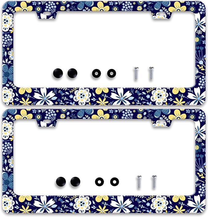 2 Pcs Colorful Flowers License Plate Frame Floral License Plate Holder Personalise Stainless Steel Funny Design Compatible with Standard License Plate Frames for USA and Canada 6 X 12 Inch with Screws