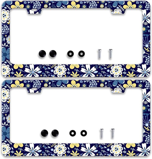 2 Pcs Colorful Flowers License Plate Frame Floral License Plate Holder Personalise Stainless Steel Funny Design Compatible with Standard License Plate Frames for USA and Canada 6 X 12 Inch with Screws
