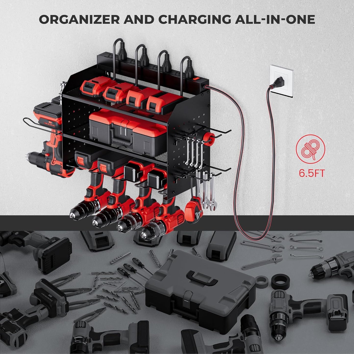 TRZZ Power Tool Organizer Wall Mount, 3-Layer Charging Station with 8 Outlets, 6 Drill Holders and Drill Bit Rack, Efficient and Organized Storage for Garage, Workbench, and Workshop (Black)