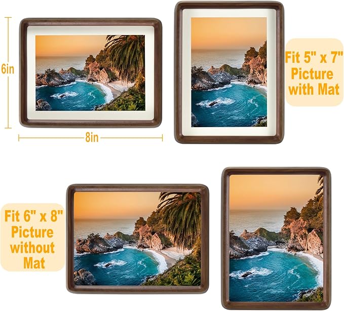 HELPLEX 6x8 Premium Picture Frame Set of 2 - Solid Walnut Wood with HD Tempered Glass, Convertible 5x7 Matted or 6x8 Frameless Display, Wall or Tabletop Frame - Home Gallery, Memories Made Easy