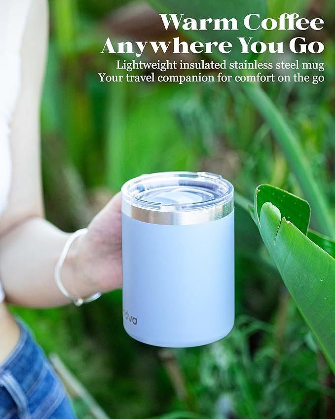 12oz Insulated Coffee Mug with Lid – Includes Two Lids, Stainless Steel Coffee Travel Mug with Handle, Double Wall Vacuum Insulated Camping Mug for Home, Office & Outdoor, Light Blue