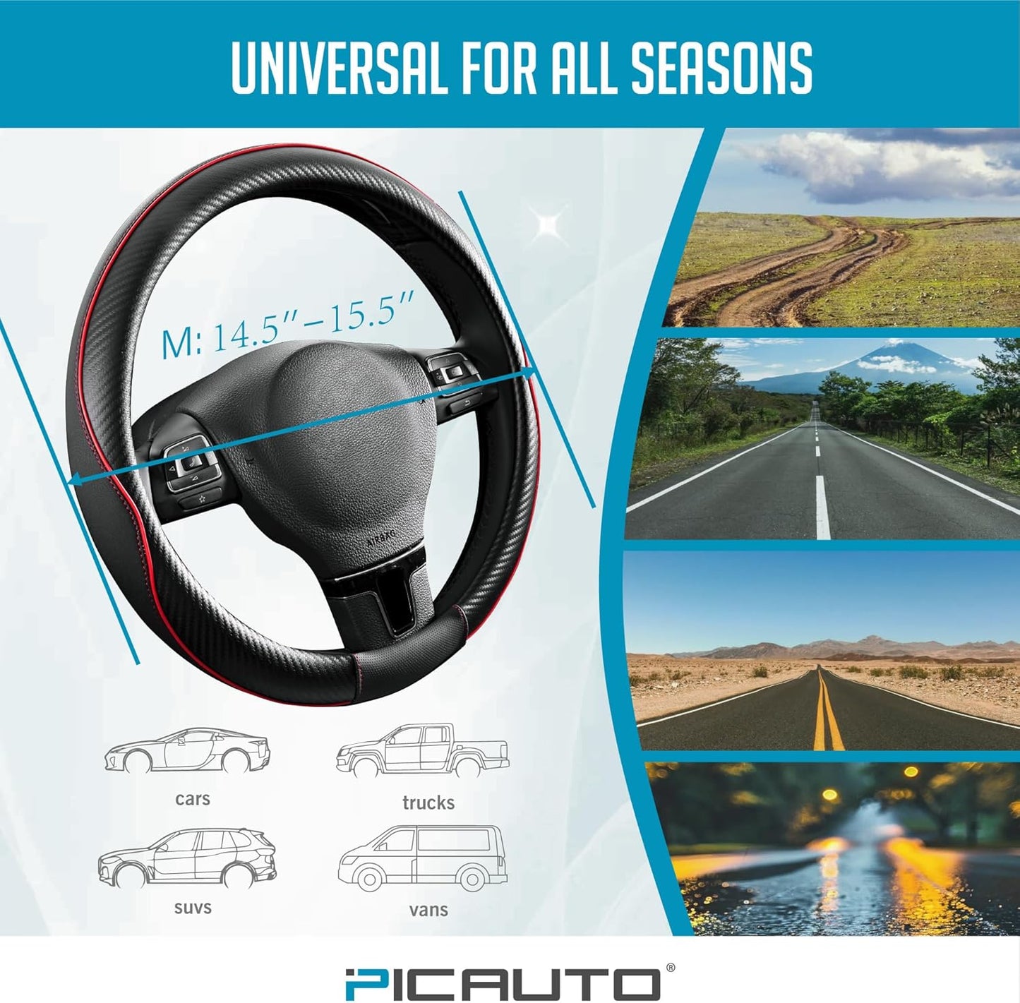 PIC AUTO Steering Wheel Cover, Red Piping Leather, Sports Carbon Fiber and Super Breathable Leather, Universal 14.5-15.5 Inch Anti-Slip Steering Wheels Accessories for Men & Women