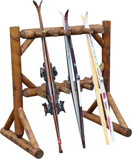 11-Place Freestanding Log Ski Rack Holder, Indoor & Outdoor Snowboard Racks, Standing Storage, Garage Racks for Snow Skis, Durable Snowboard Rack Garage Storage Organizer-Canyon Brown + 15" Anchor Kit