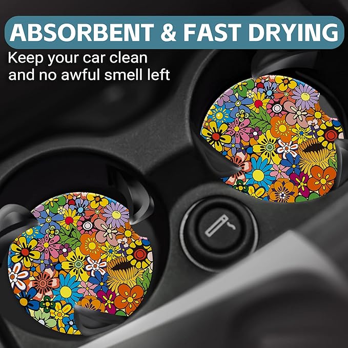 Bright Colorful Flowers Car Cup Holder Coaster, Car Coasters for Cup Holder, 2 Pack Vivid Spring Floral Anti-Slip Absorbent Ceramic Car Cup Coasters with Finger Notch Cork Base for Women Men 2.56"