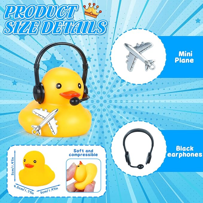 BOZILY Rubber Duck with Headphones & Airplane, DIY Yellow Rubber Duck Car Dashboard Decorations, Stress Relief Decoration for Car, Home, Office