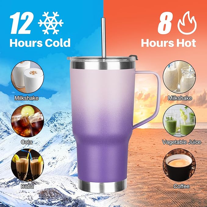20 oz Tumbler with Handle, Stainless Steel Insulated Tumbler with Lid and Straw, Double Wall Vacuum Insulated Coffee Mug Tumbler, Insulated Coffee Thermal Cup for Cold and Hot(Light Dark Purple)