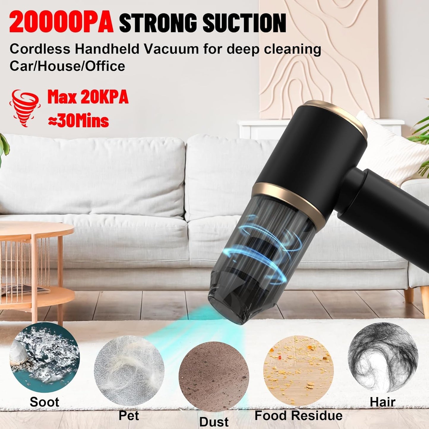 Handheld Car Vacuum Portable Cordless, 20000PA High Power 4 in 1 Vacuum Cleaner & Air Duster & Air Blower with 4000mAh Brushless Motor and Multi-Nozzles for Car (20000 PA-Black)