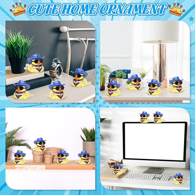 Cowboy Rubber Duck Car Ornaments with Gold Gun, Bandana, Cowboy Hat, Sunglasses, Necklace, Squeaky Car Dashboard Decor for Vehicles, Office, Home, Cool Accessories(Blue Hat)