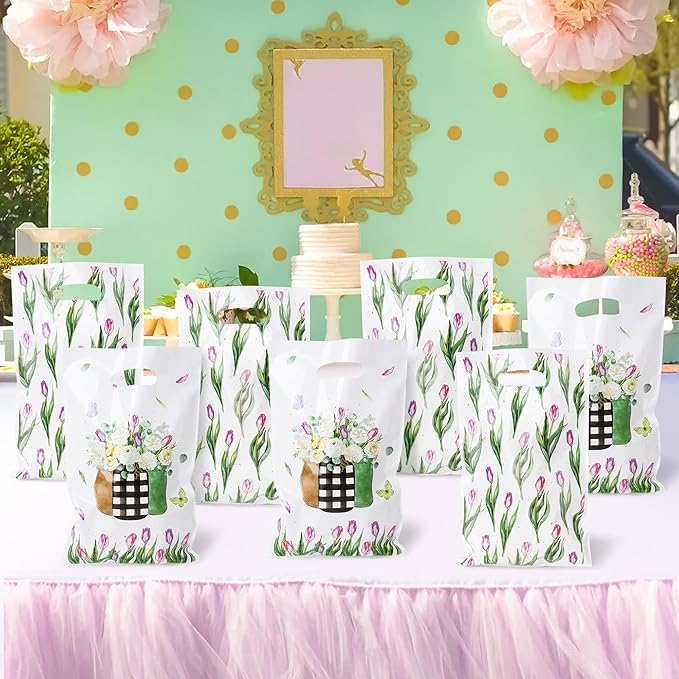 Tulip Party Favor Bags - 50Pcs Spring Tulip Eucalyptus Leaves Camellia Goody Candy Treat Gifts Bags, Spring Floral Theme Party Decorations for Girls Women Birthday Wedding Bridal Shower Supplies