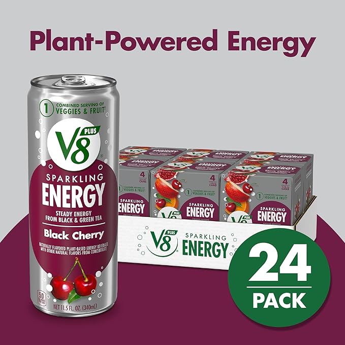 V8 +SPARKLING ENERGY Black Cherry Energy Drink, Made with Real Vegetable and Fruit Juices, 11.5 FL OZ Can 4 Count (Pack of 6)