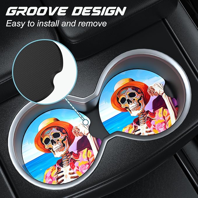 Car Cup Holder Coasters, 2 Pack Universal Auto Anti Slip Insert Coaster with A Finger Notch, Cute Car Assecories for Women Men, Cup Mat for Most Interior, Beach Skull