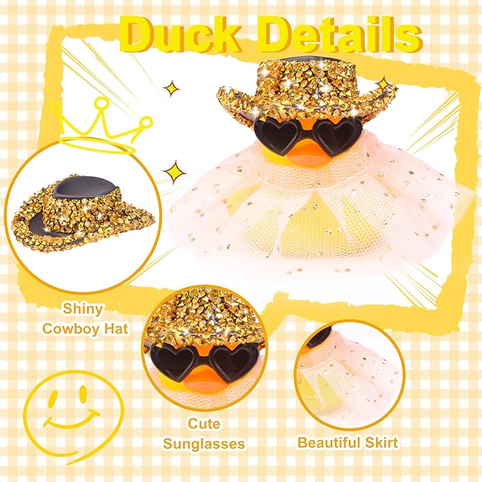 Car Rubber Duck Ornament Cute Duck Car Dashboard Decoration Accessories with Mini Hat Sunglasses and Skirt(AA10)