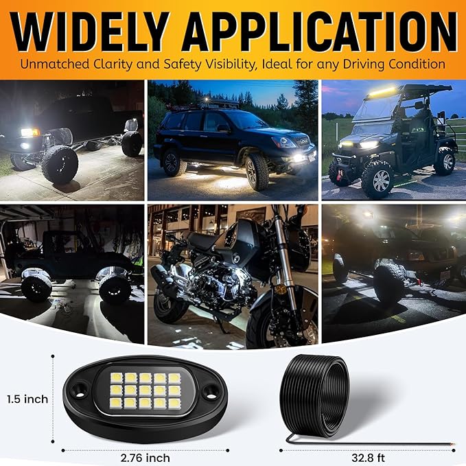 YONEDA 12 Pods White Rock Lights 6000K Ultra Bright LED Neon Underglow Lights IP68 Waterproof for Trucks SUV UTV ATV RZR Car Boats Pickup Motorcycle with 32.8in Extension Wire