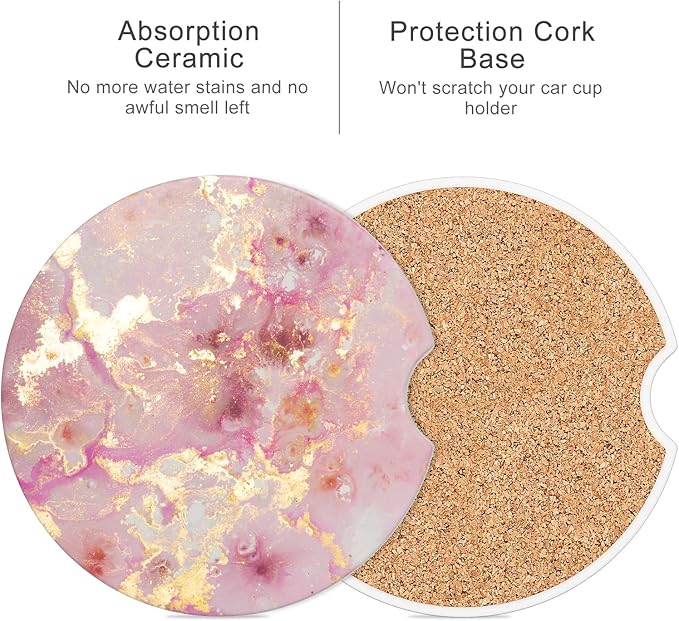Car Cup Holder Coaster, Car Coasters for Cup Holders, 4 Pack Universal Anti Slip Insert Absorbent Ceramic Auto Interior Accessories with A Finger Notch & Cork Base, Golden Pink Marble